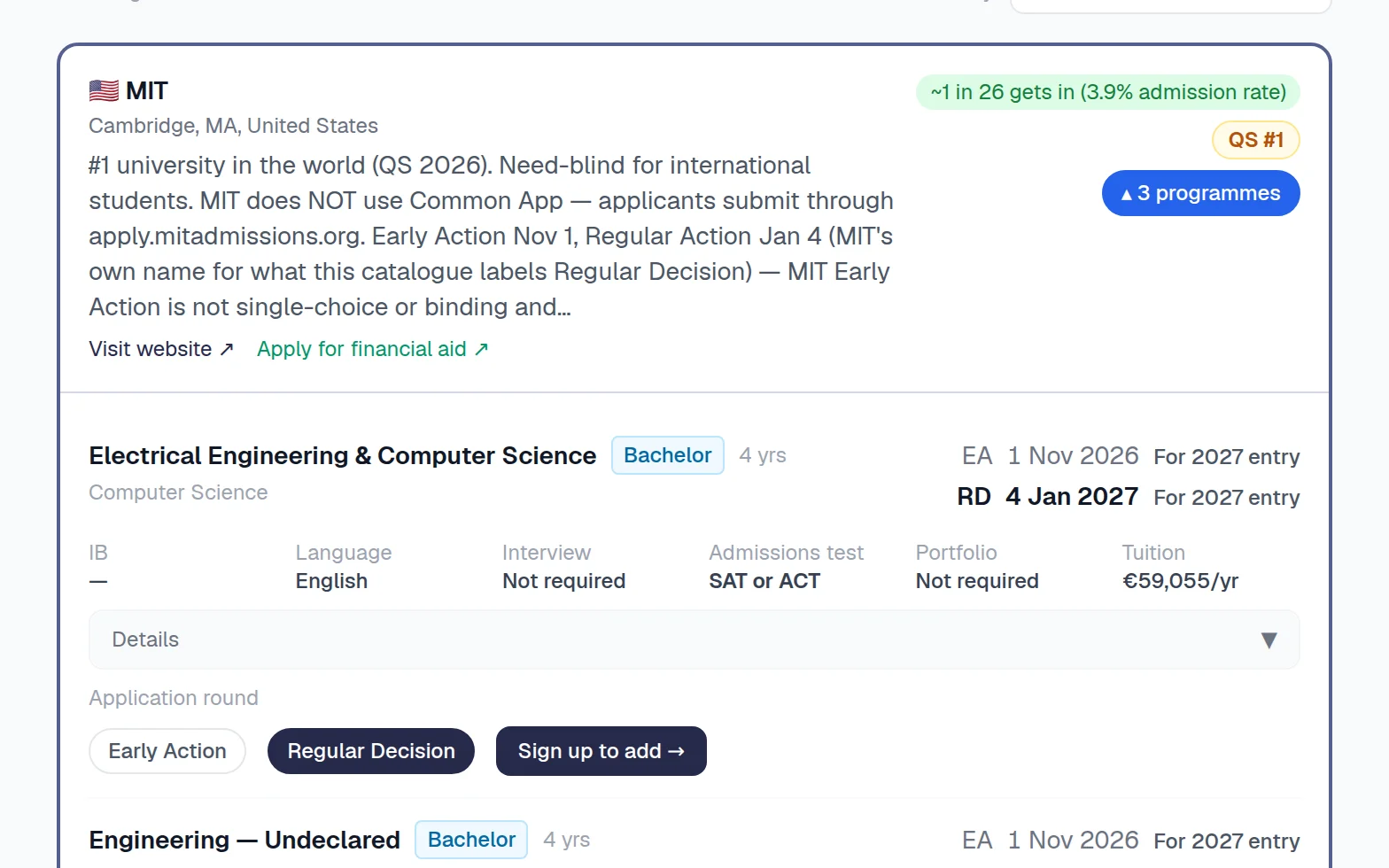 Screenshot of Accepted's university catalogue, showing MIT and its Electrical Engineering and Computer Science programme with deadlines, requirements and tuition.