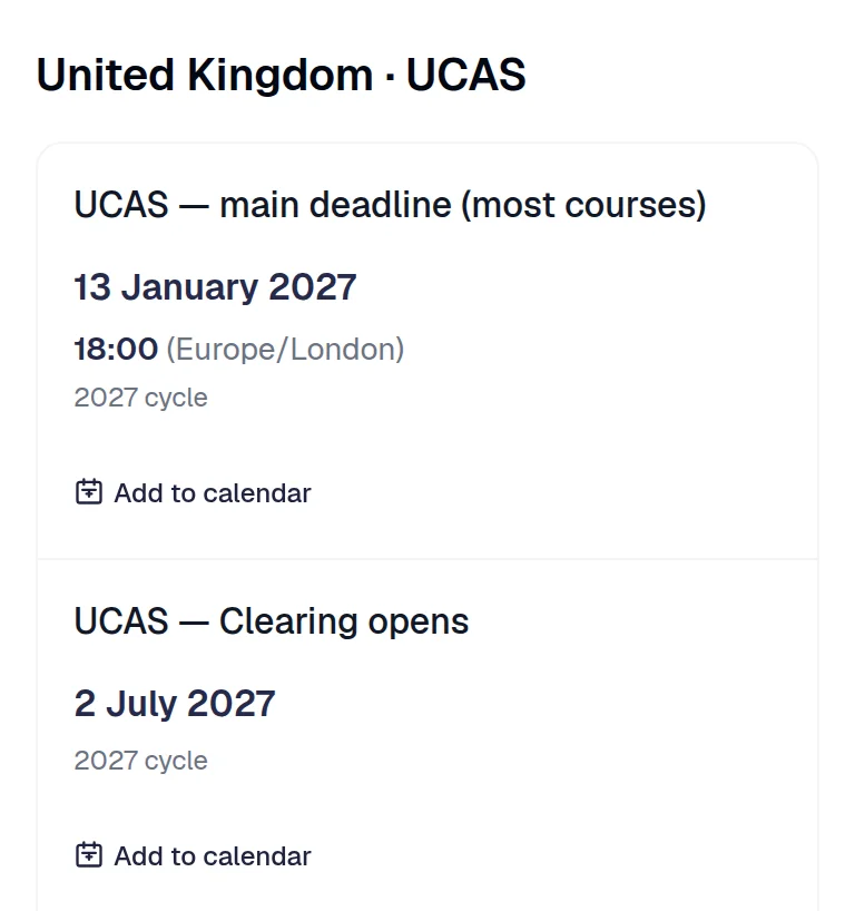 Screenshot of Accepted's application deadlines for UCAS in the United Kingdom.