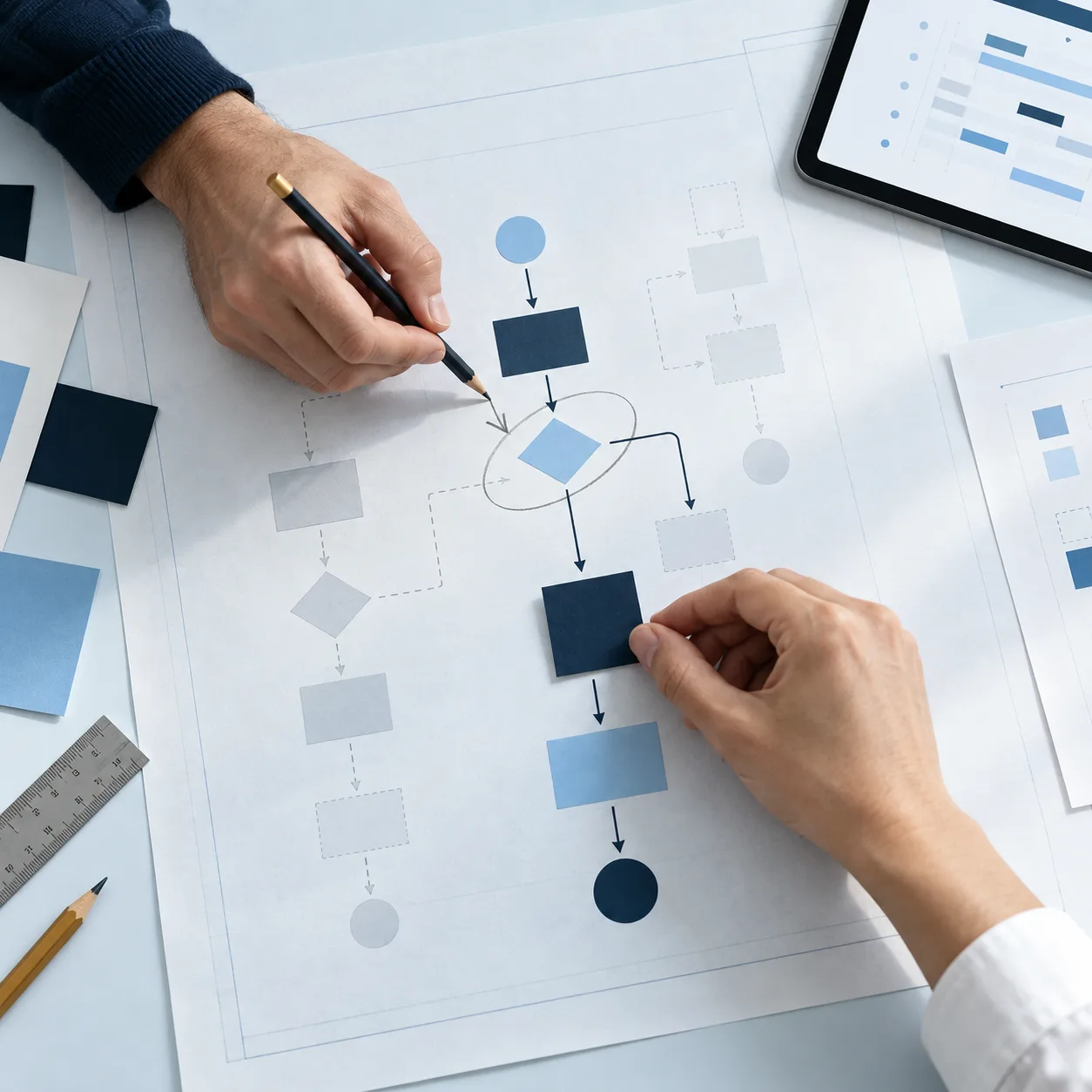 Illustrative overhead scene of engineers refining a software workflow, with one hand annotating a decision and another placing a component into the chosen path.